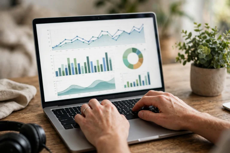 Person tracking affiliate commission earnings and link clicks on a laptop dashboard