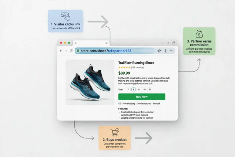 Diagram showing how an affiliate link works: a visitor clicks the link, buys the product, and the affiliate earns a commission