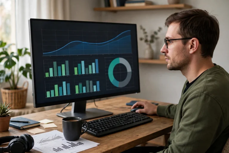 Affiliate marketer reviewing blog traffic and commission analytics on a computer screen