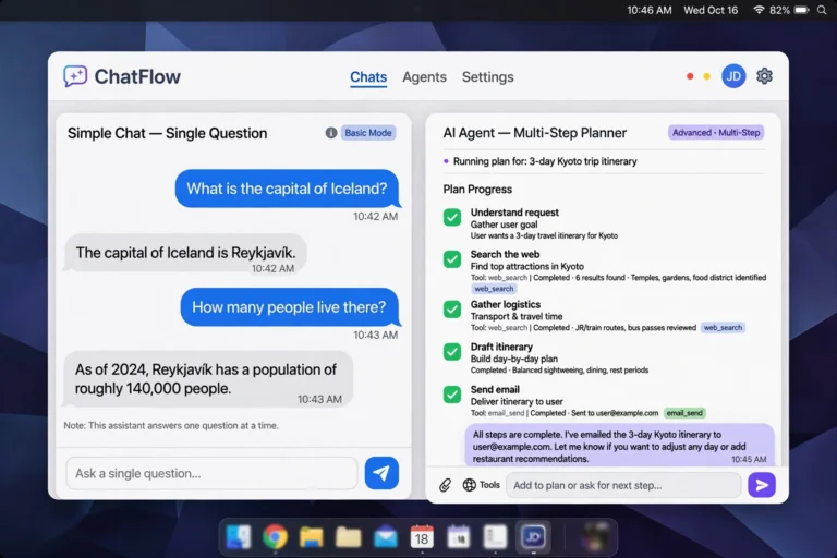 Side-by-side comparison graphic of a simple AI chatbot versus an AI agent completing multi-step tasks