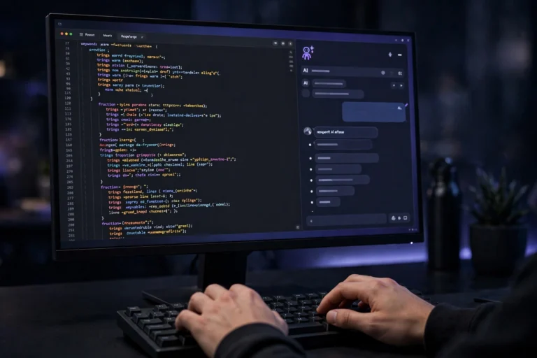 Android Studio on a monitor with an AI coding assistant suggesting Kotlin code