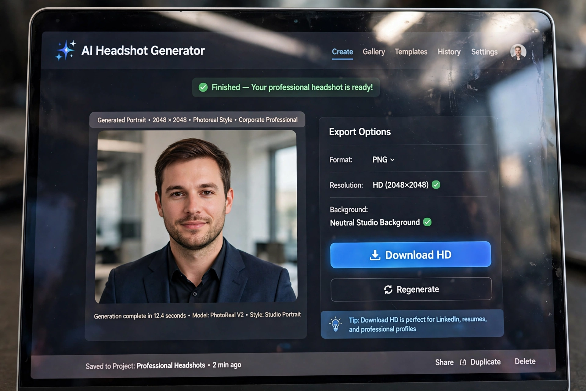 Downloading a finished professional AI headshot from a free generator