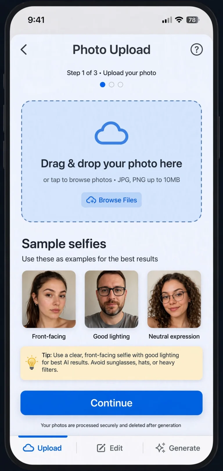 Person uploading a selfie to a free AI headshot generator on a laptop
