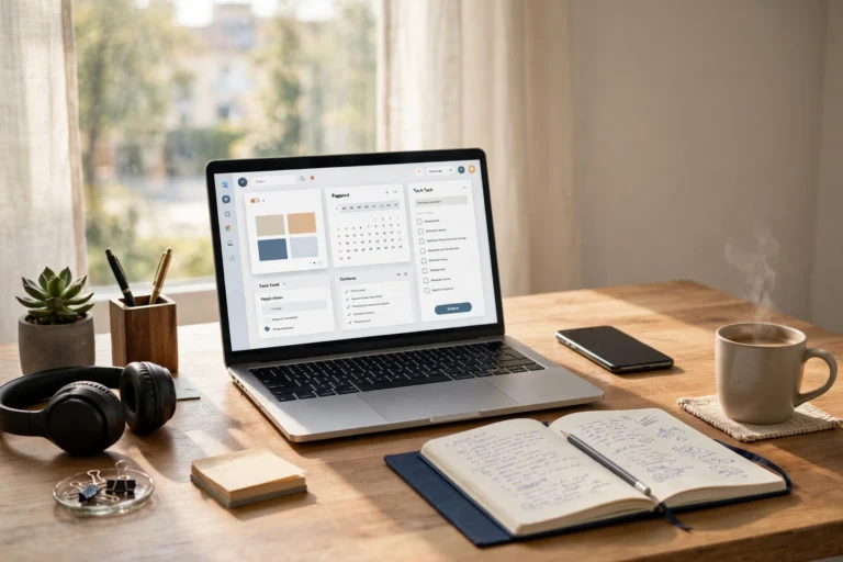 Modern desk setup with laptop showing multiple AI productivity tools and a tidy organized workspace
