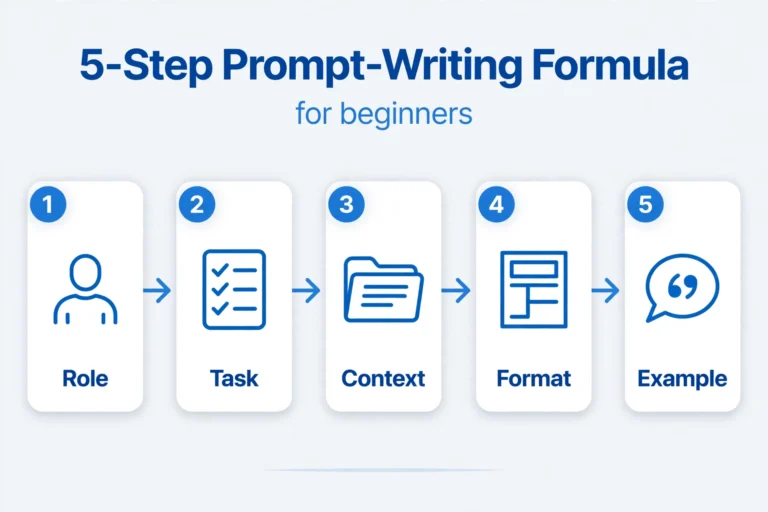 Infographic of the 5-step AI prompt formula: Role, Task, Context, Format, and Example