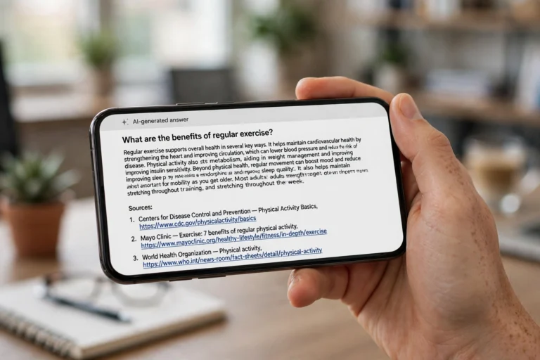 Smartphone displaying an AI-generated answer with clickable source citations below it
