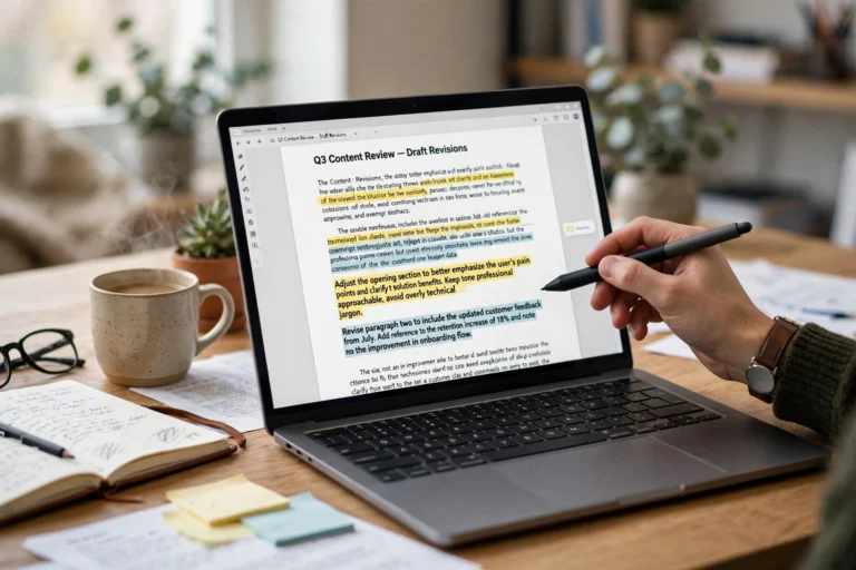 Laptop screen showing a highlighted list of overused AI phrases being edited out of a document
