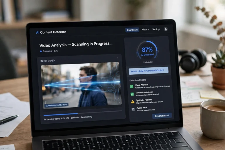AI content detection tool analyzing a video frame and showing an AI probability score