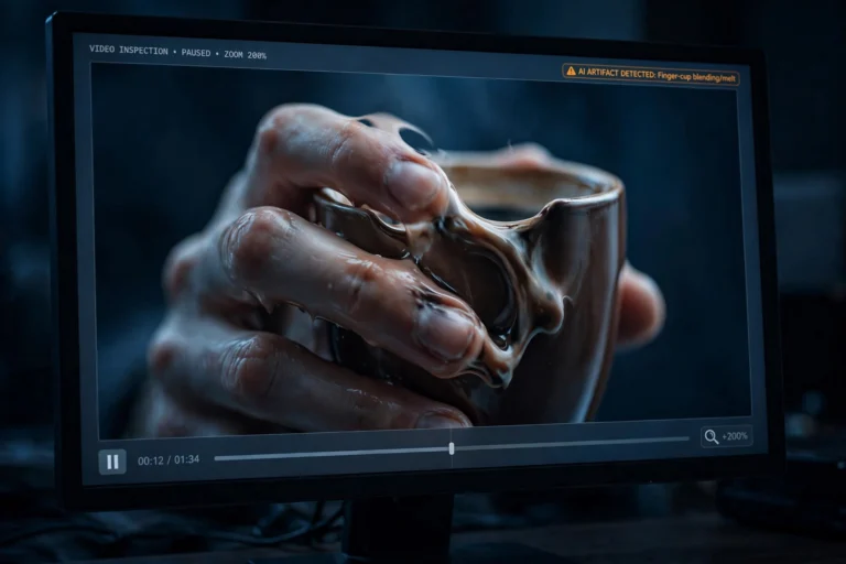 Zoomed-in view of an AI-generated video frame showing distorted, warped hand and finger details
