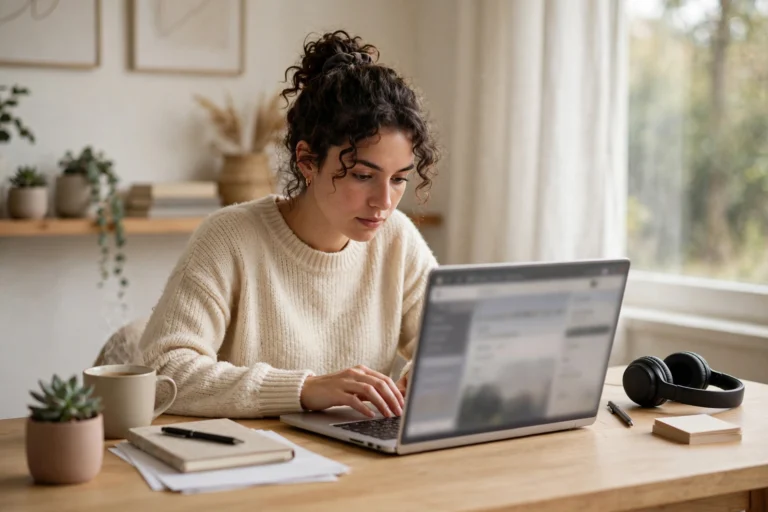 Person using an AI writing assistant on a laptop to draft documents faster at a home office desk