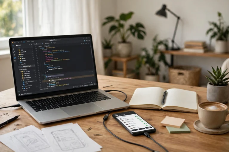 Developer workspace with laptop showing Android app code and a phone beside it