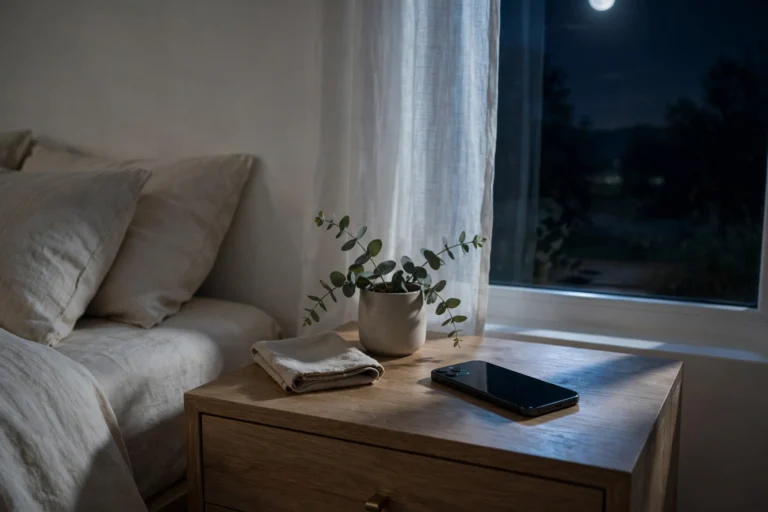 Android phone with screen off resting on a nightstand, showing how little battery cached background apps use overnight