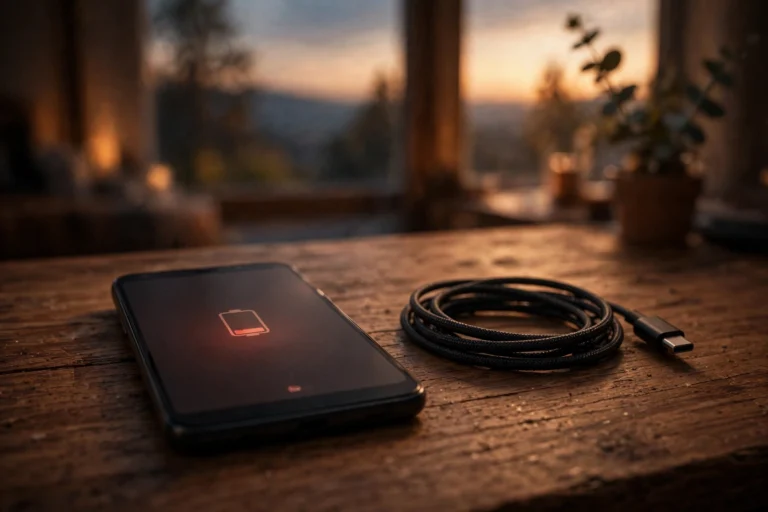 Android phone with low battery on a desk at dusk, showing what really drains battery beyond background apps