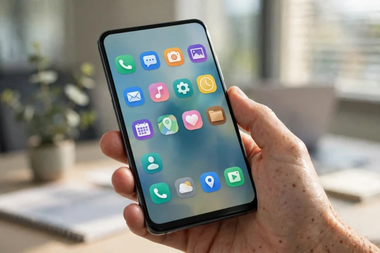 Android smartphone displaying a grid of open source app icons on the home screen