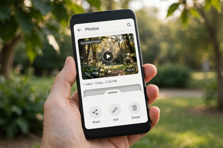 Generic Android gallery app showing a screen recording video with an open share sheet