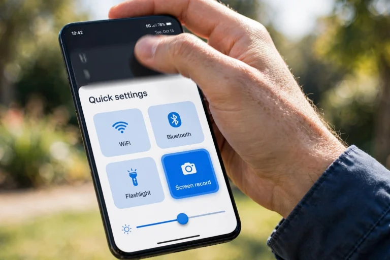 Hand swiping down a generic Android phone showing Quick Settings with the Screen record tile highlighted