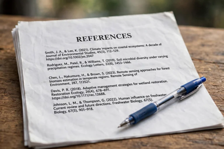 Close-up of a printed bibliography page showing formatted academic references