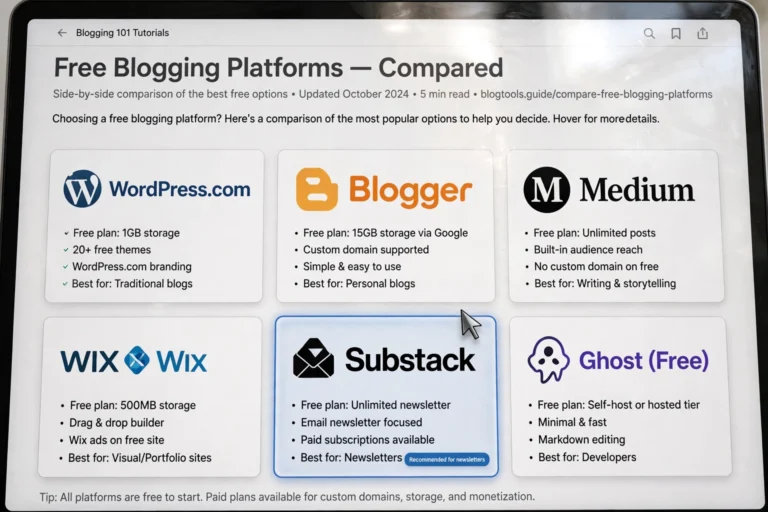 Free blogging platforms compared on a laptop screen with sign-up buttons visible