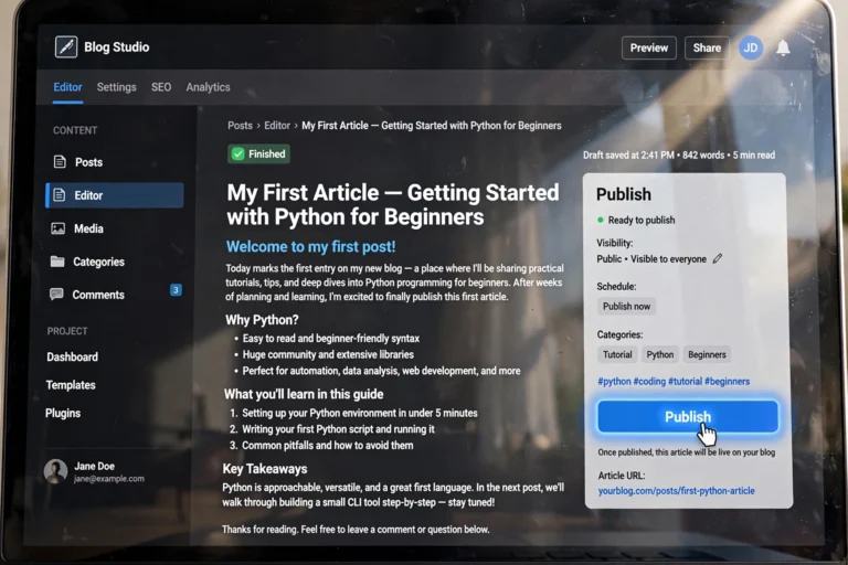 Blogger clicking the publish button on their first blog post
