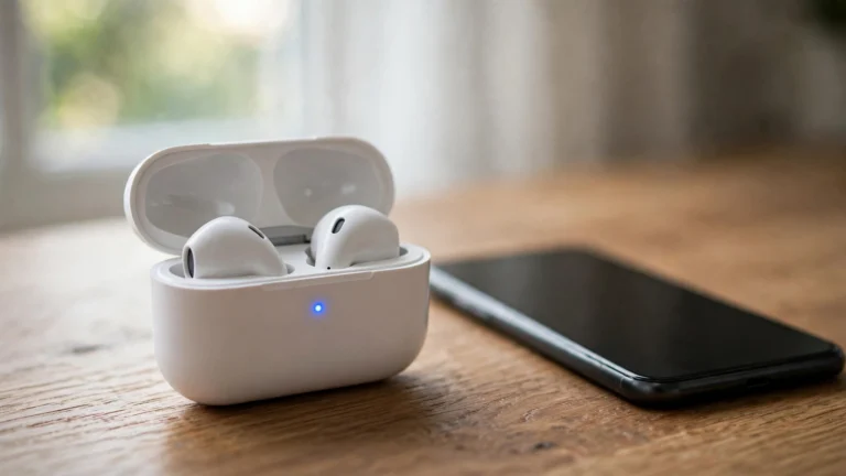 Wireless earbuds in an open charging case next to a phone with the pairing indicator light glowing