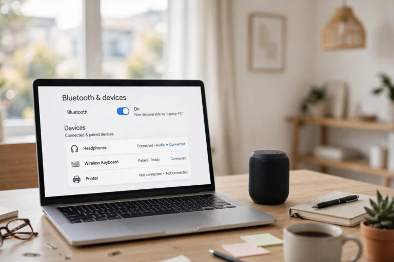 Laptop showing generic Bluetooth settings screen with a wireless speaker beside it on a desk