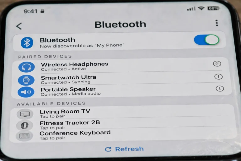 Phone showing a generic Bluetooth settings screen with paired and available devices listed