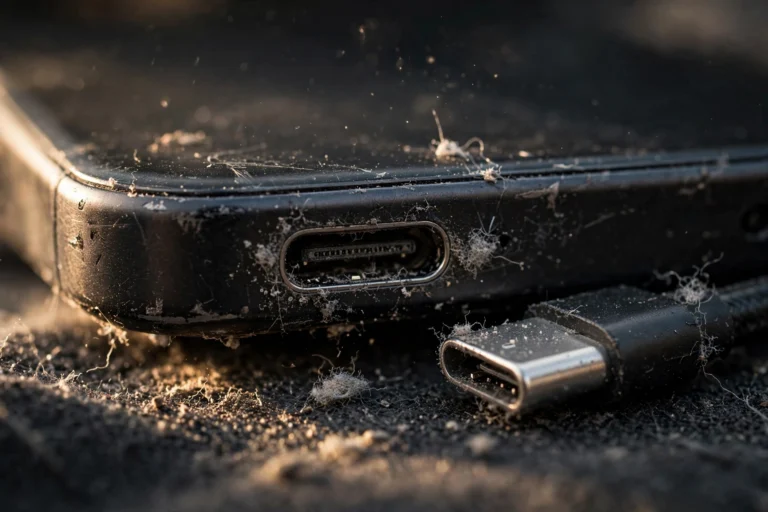 Macro close-up of an Android phone's USB-C charging port with dust and lint that can cause a flashing battery icon when plugged in