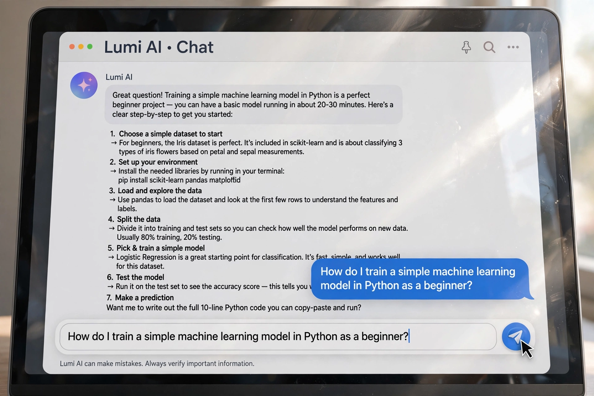 ChatGPT chat window showing a beginner typing their first prompt in the message box