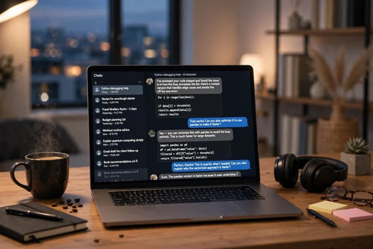 Laptop screen showing a ChatGPT conversation with a long chat history in the sidebar