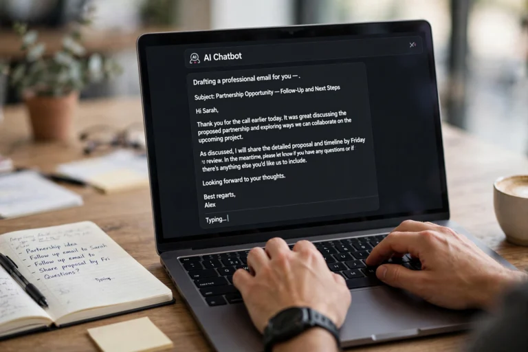 Close-up of ChatGPT drafting a professional email reply on a laptop screen