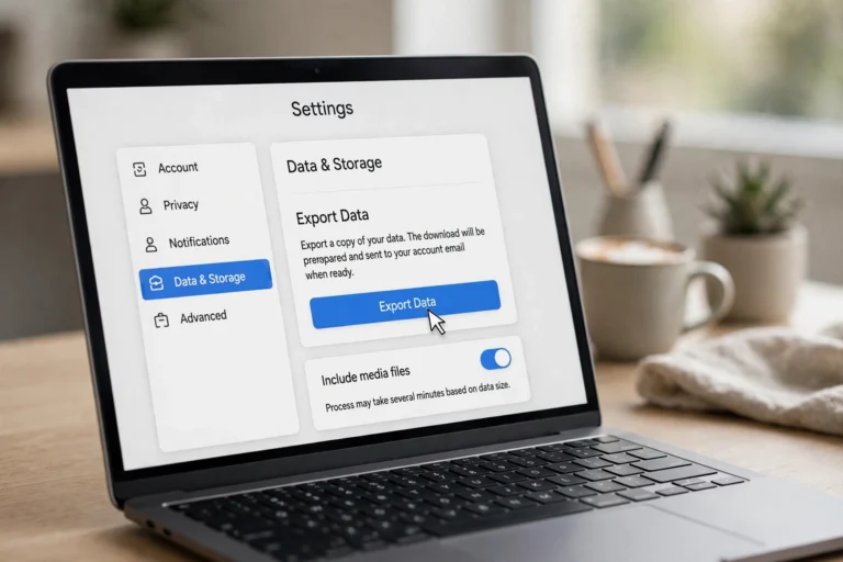 Laptop screen showing ChatGPT data export settings with the export button highlighted
