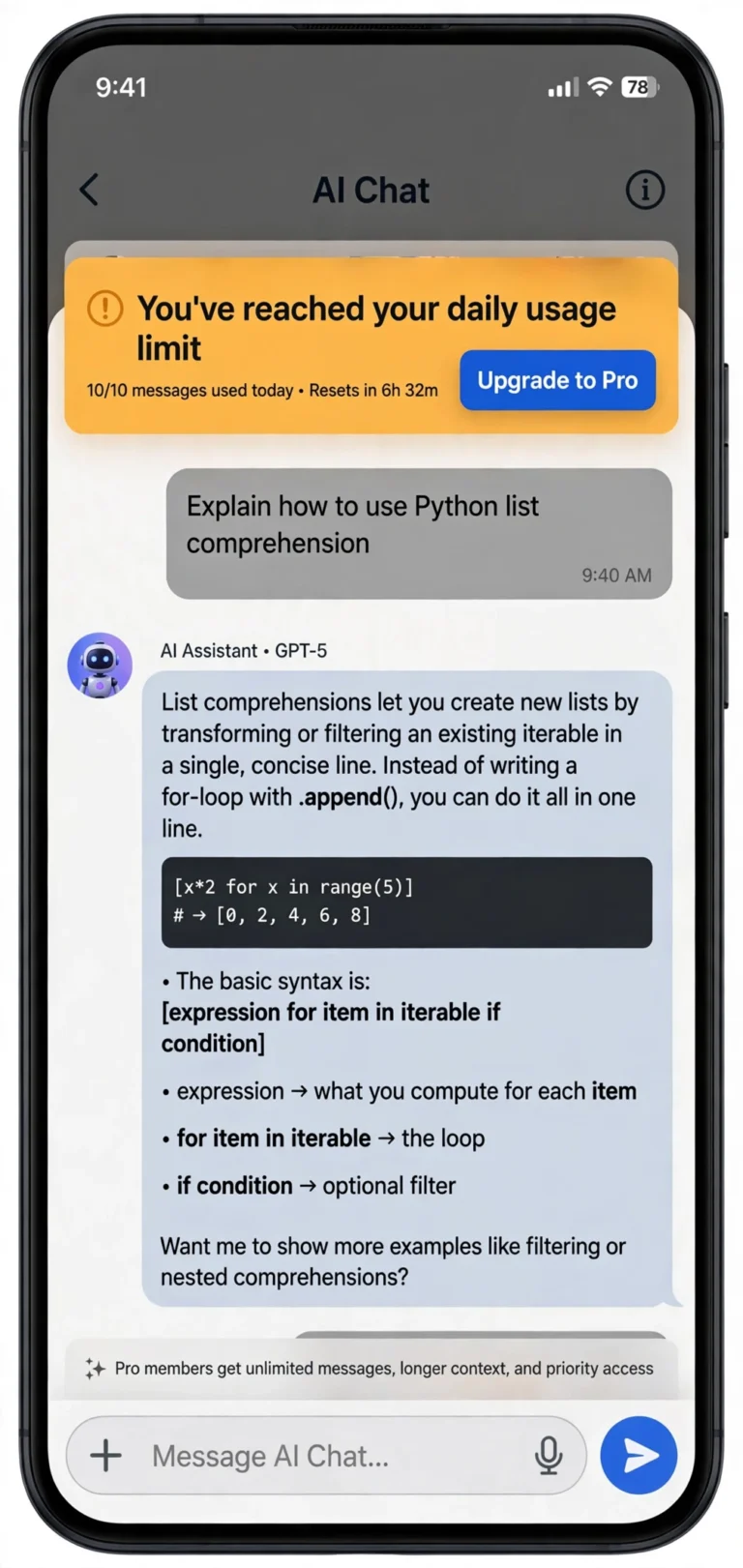 ChatGPT usage limit notice with a clock indicating the limit resets later