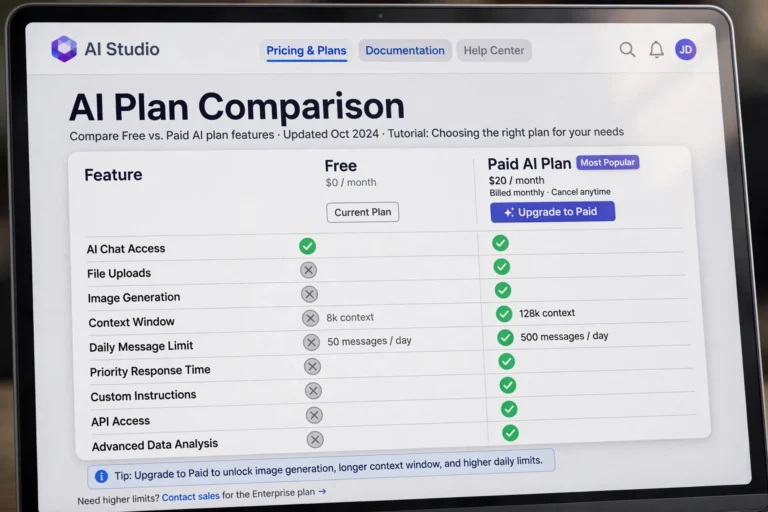 Comparison of ChatGPT Free versus Plus plan features side by side
