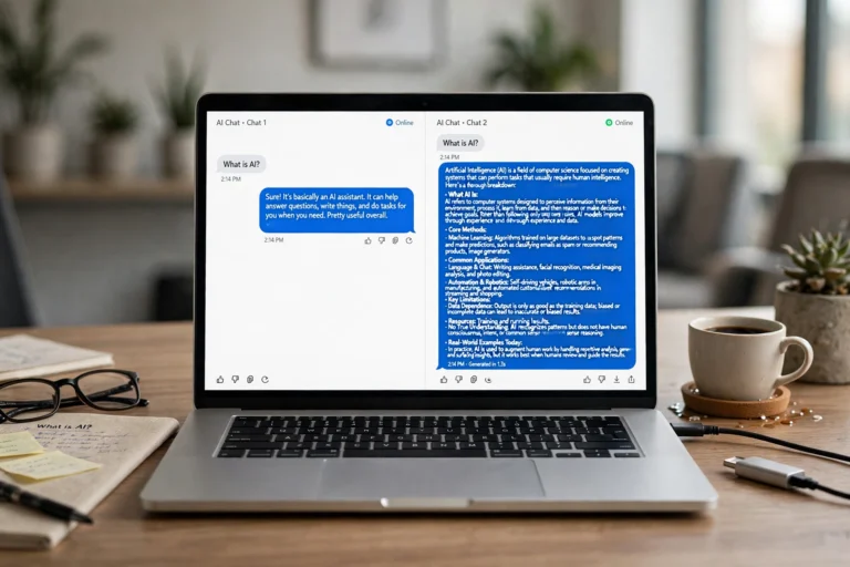 Side-by-side comparison on a laptop screen showing a vague generic ChatGPT answer next to a detailed specific one