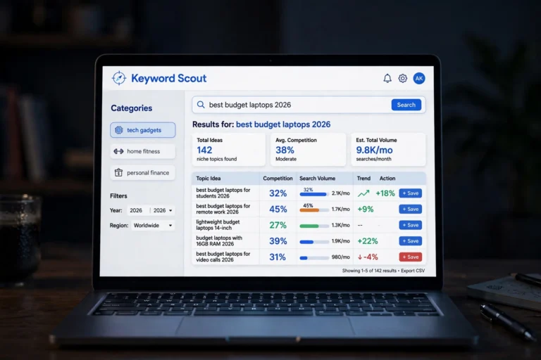 Keyword research tool dashboard showing affiliate niche ideas with competition scores and search volume
