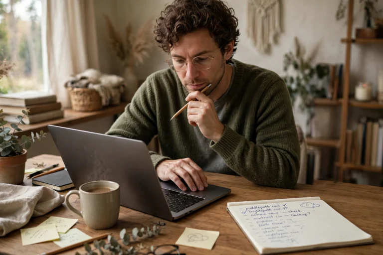 Person typing a domain name idea into a laptop to check its availability