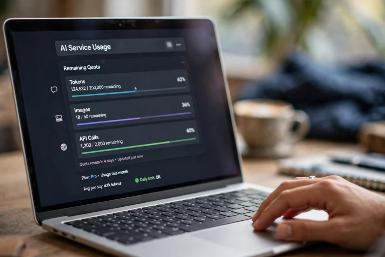 Claude AI usage dashboard showing remaining free plan message quota on a laptop screen