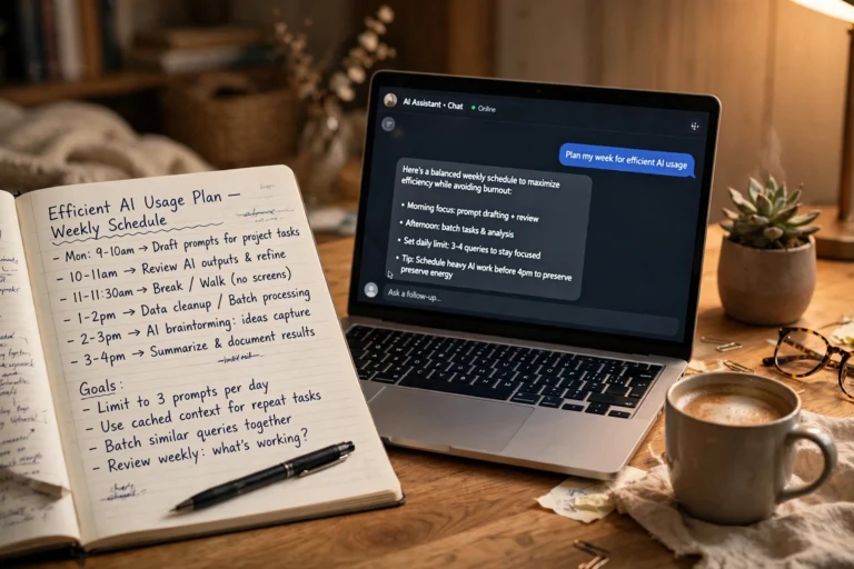 Notebook and laptop showing a planned schedule for managing Claude AI free tier usage efficiently