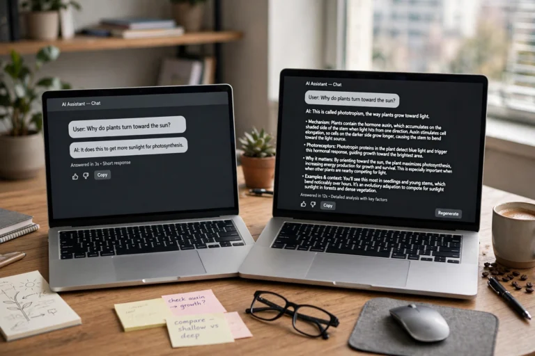 Split screen showing a shallow AI answer versus a deep well-reasoned Claude response with clear reasoning