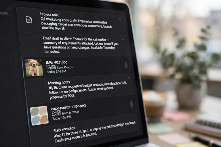 Windows clipboard history panel open on screen showing multiple copied text items