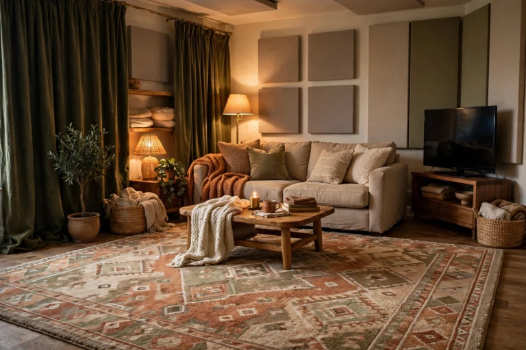 Cozy living room with rug and curtains that improve TV speaker sound acoustics without a soundbar