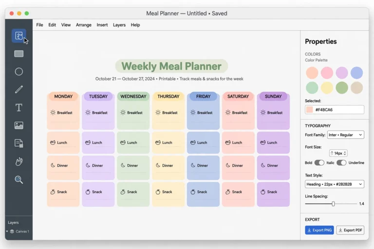 Generic design tool canvas showing a weekly meal planner printable being created