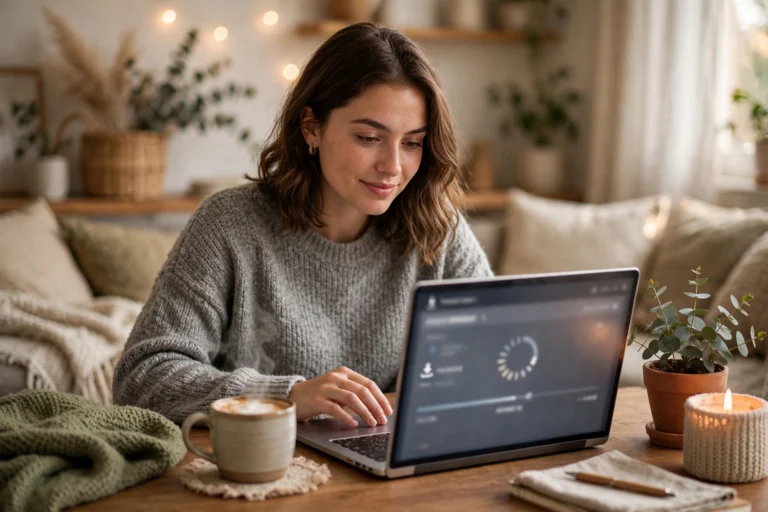 Customer downloading a purchased digital product on a laptop at home