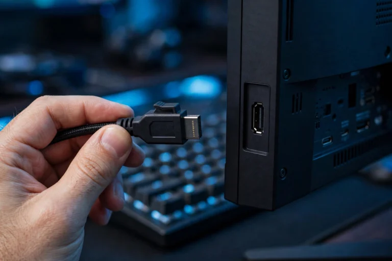 Close-up of a DisplayPort cable connector beside a gaming monitor input