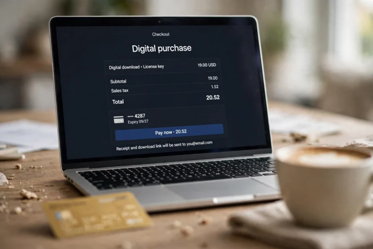 Laptop screen showing a domain registrar checkout page with a domain in the cart