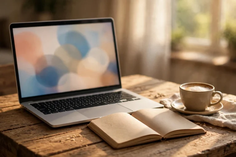 Person supporting open source on a laptop beside a coffee cup and notebook