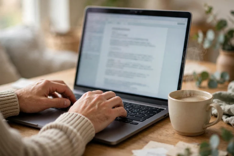 Person's hands typing on a laptop, rewriting and editing a text document to sound more natural