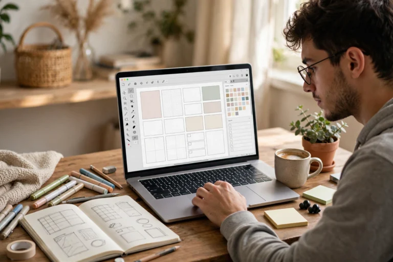 Beginner creating a digital planner product on a laptop for Etsy