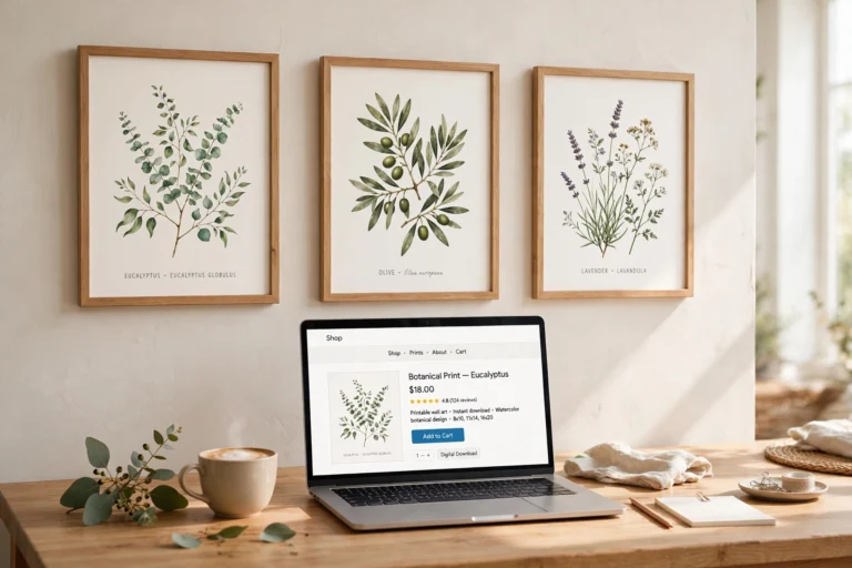 Styled mockup of printable wall art framed on a wall beside a laptop showing an online shop listing