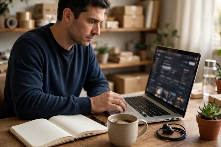 Etsy seller managing digital product listings on a laptop